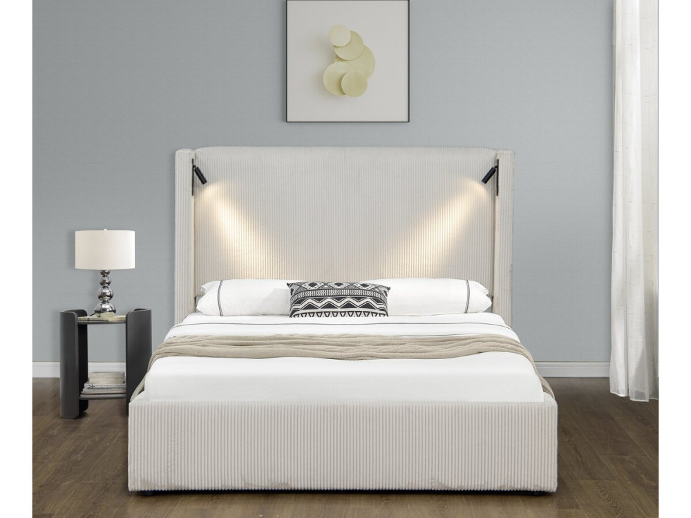 Letto matrimoniale in velluto a coste con cassettiera integrata e lampada "Cortina" - 160 x 200 cm - Beige