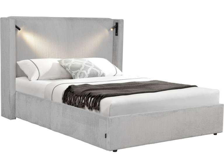 Letto matrimoniale in velluto a coste con cassettiera integrata e lampada "Cortina" - 160 x 200 cm - Grigio