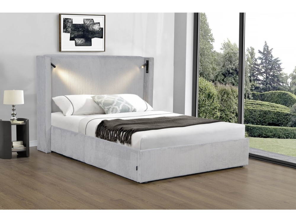 Letto matrimoniale in velluto a coste con cassettiera integrata e lampada "Cortina" - 160 x 200 cm - Grigio