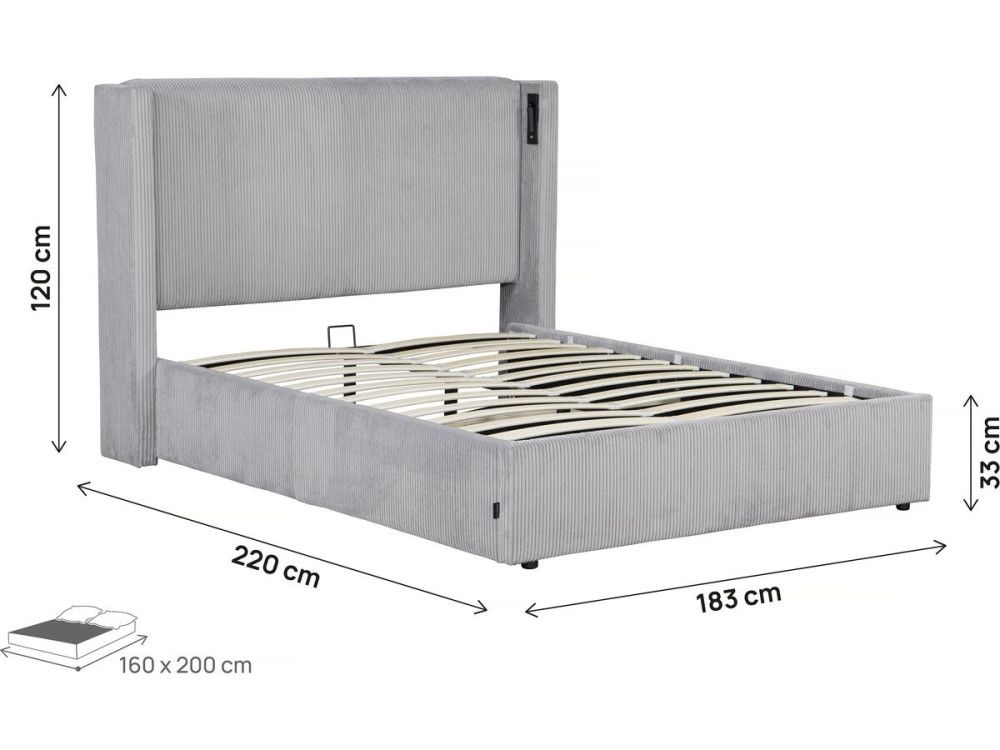 Letto matrimoniale in velluto a coste con cassettiera integrata e lampada "Cortina" - 160 x 200 cm - Grigio