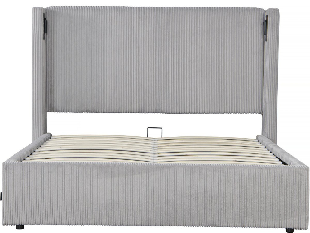 Letto matrimoniale in velluto a coste con cassettiera integrata e lampada "Cortina" - 160 x 200 cm - Grigio
