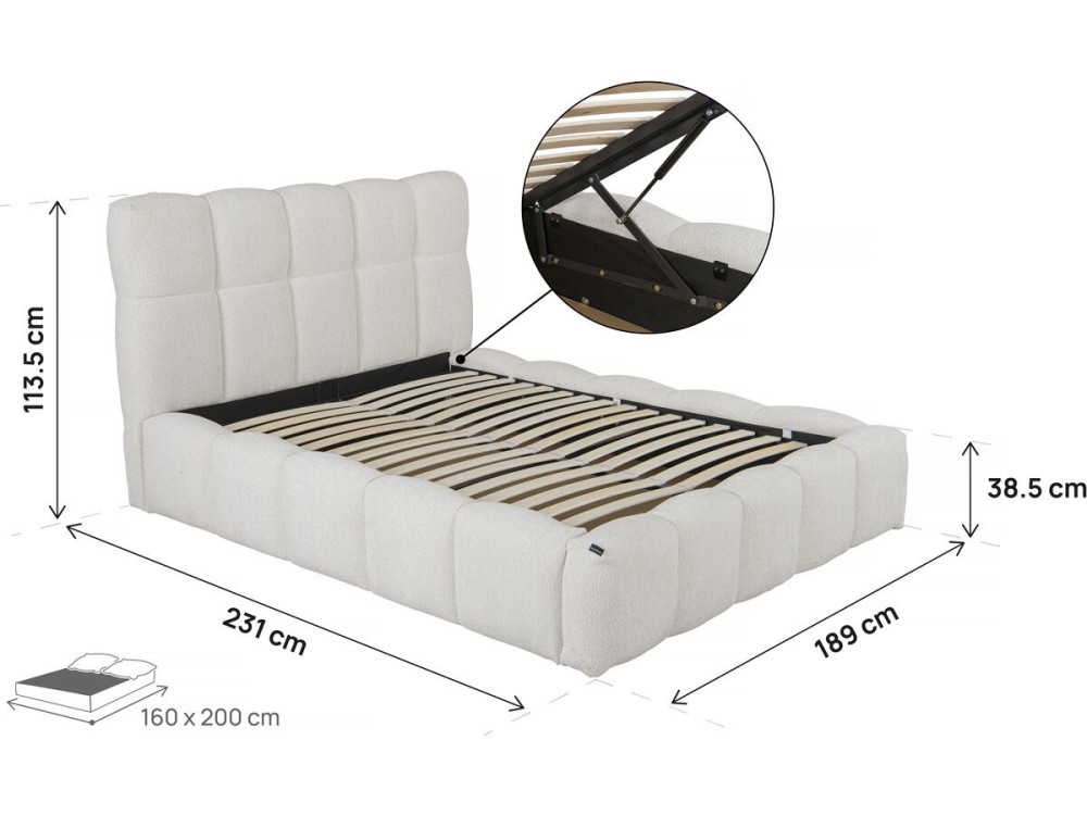 Letto matrimoniale in tessuto "Davos" con contenitore - 160 x 200 cm - Beige