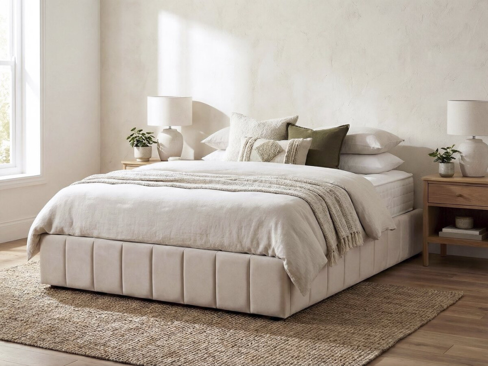 Letto matrimoniale in velluto "Meribel" con boxer - Beige - 160 x 200 cm