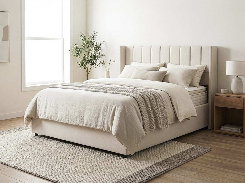 Letto matrimoniale "Saint-Moritz" in lino con contenitore - 140 x 190 cm - Beige