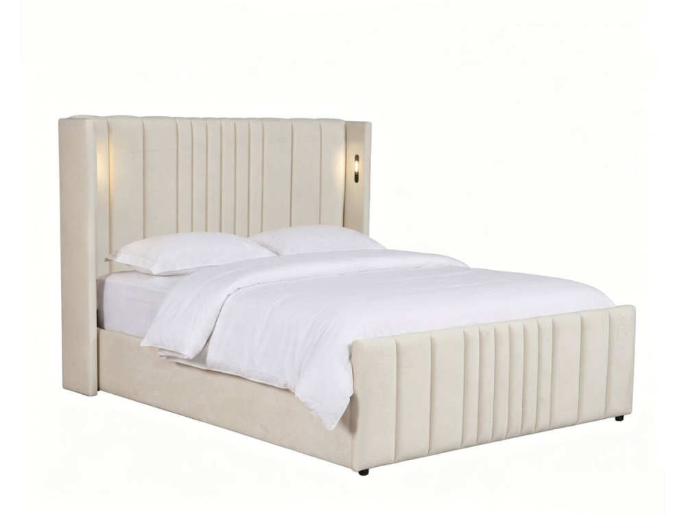 Letto matrimoniale con contenitore in tessuto e lampade integrate "Verbier" - 160 x 200 cm - Beige
