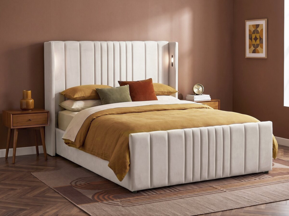 Letto matrimoniale con contenitore in tessuto e lampade integrate "Verbier" - 160 x 200 cm - Beige