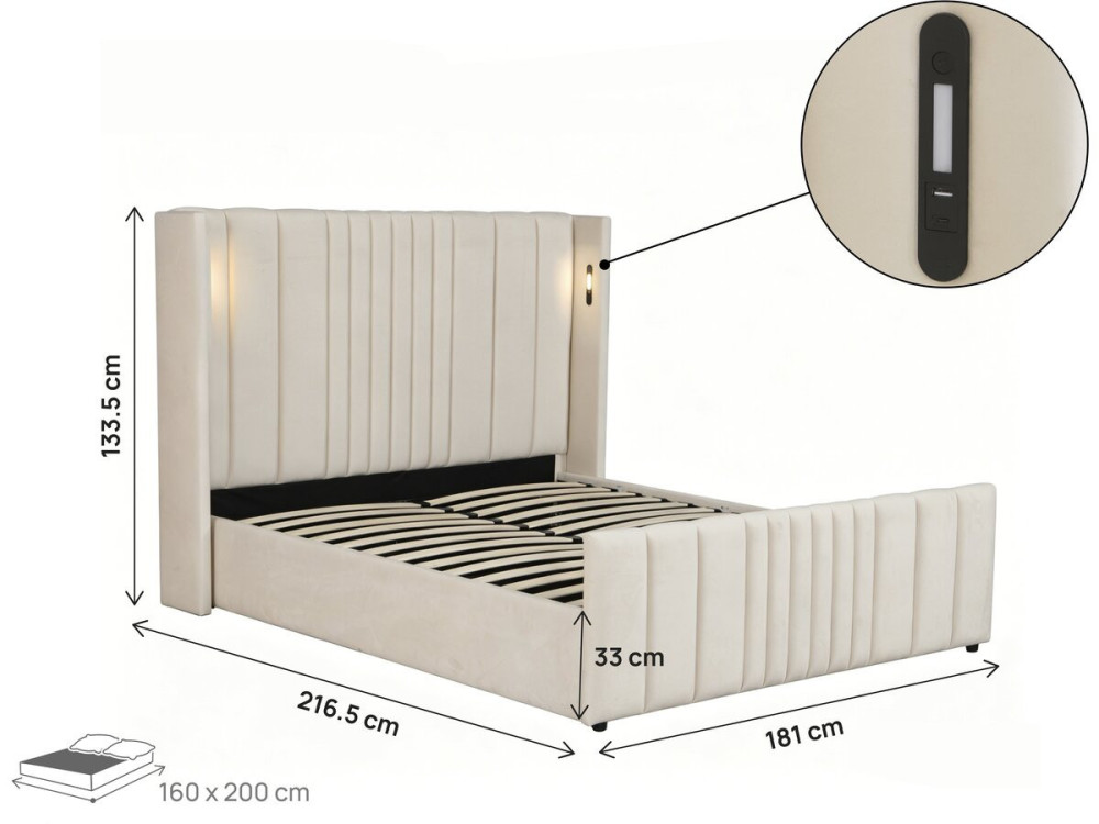 Letto matrimoniale con contenitore in tessuto e lampade integrate "Verbier" - 160 x 200 cm - Beige