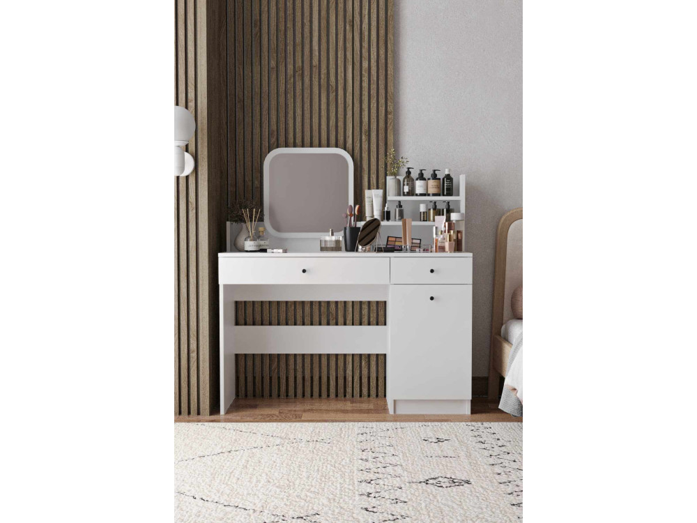 Comodino "Harmony Square" con specchio quadrato in legno - 124 x 40 x 135 cm - Bianco