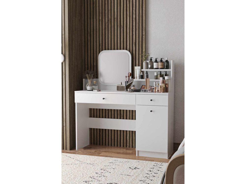 Comodino "Harmony Square" con specchio quadrato in legno - 124 x 40 x 135 cm - Bianco