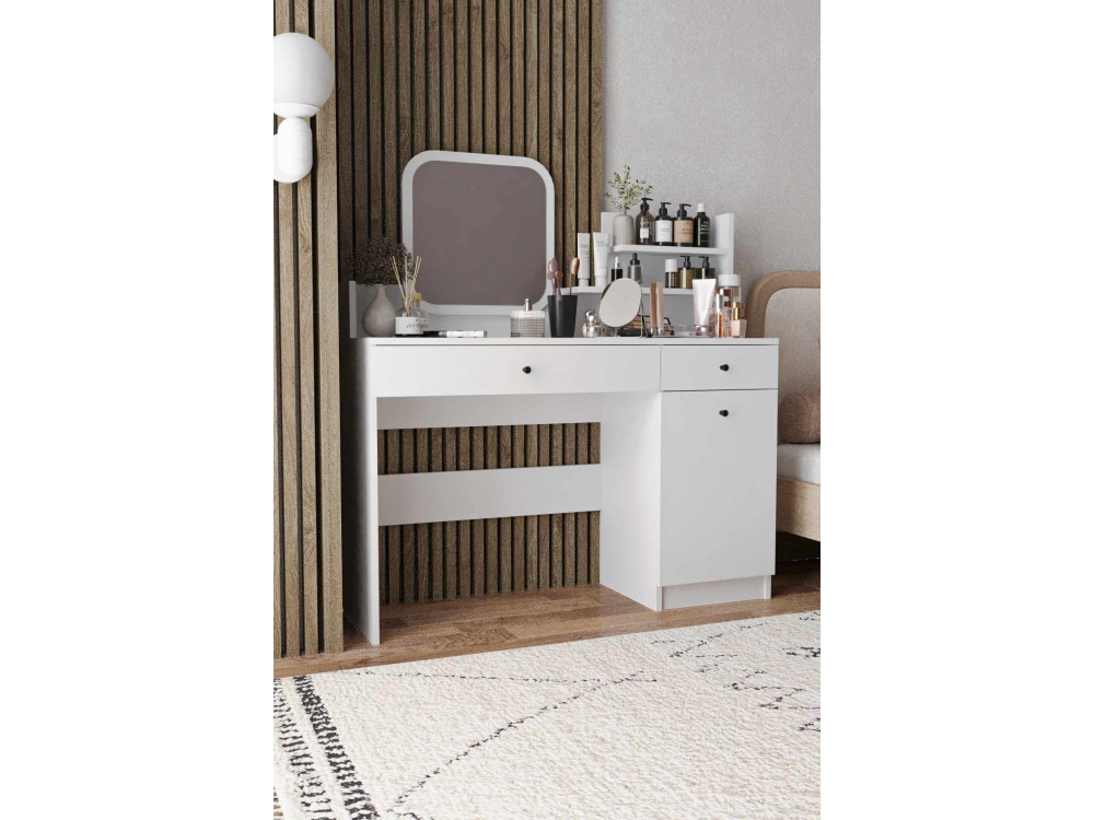 Comodino "Harmony Square" con specchio quadrato in legno - 124 x 40 x 135 cm - Bianco