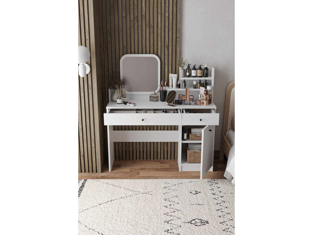 Comodino "Harmony Square" con specchio quadrato in legno - 124 x 40 x 135 cm - Bianco