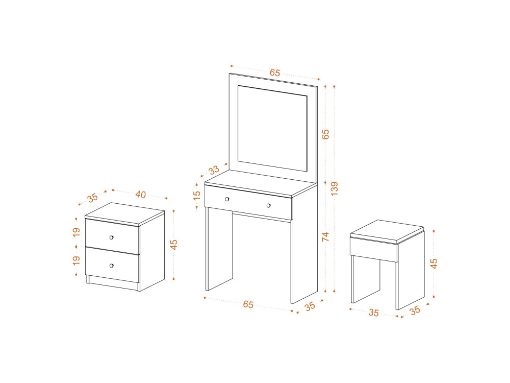 Set da toilette in legno "Nice" - 65 x 35 x 139 cm - Bianco