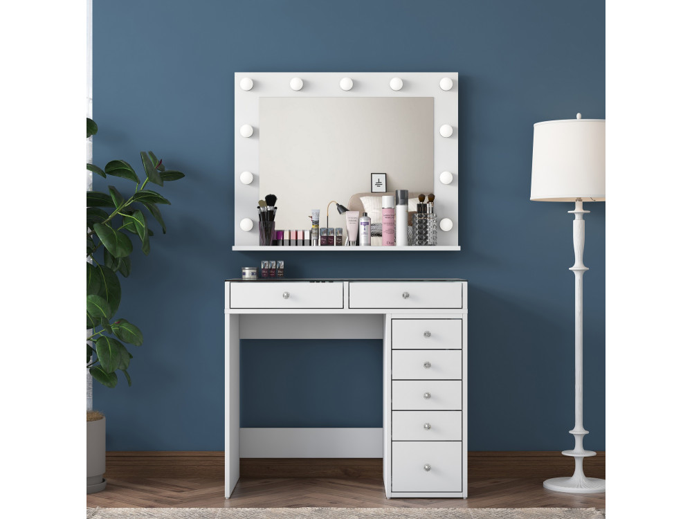 Tavolino da toilette "Kona" con specchio in legno - 90 x 44 x 80 cm - Bianco