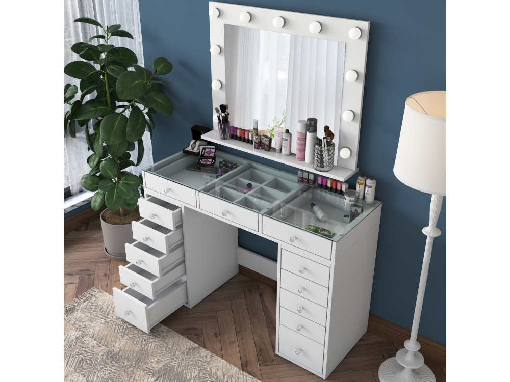 Comodino "Baria" con specchio in legno - 120 x 44 x 80 cm - Bianco