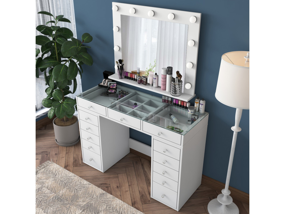 Comodino "Baria" con specchio in legno - 120 x 44 x 80 cm - Bianco