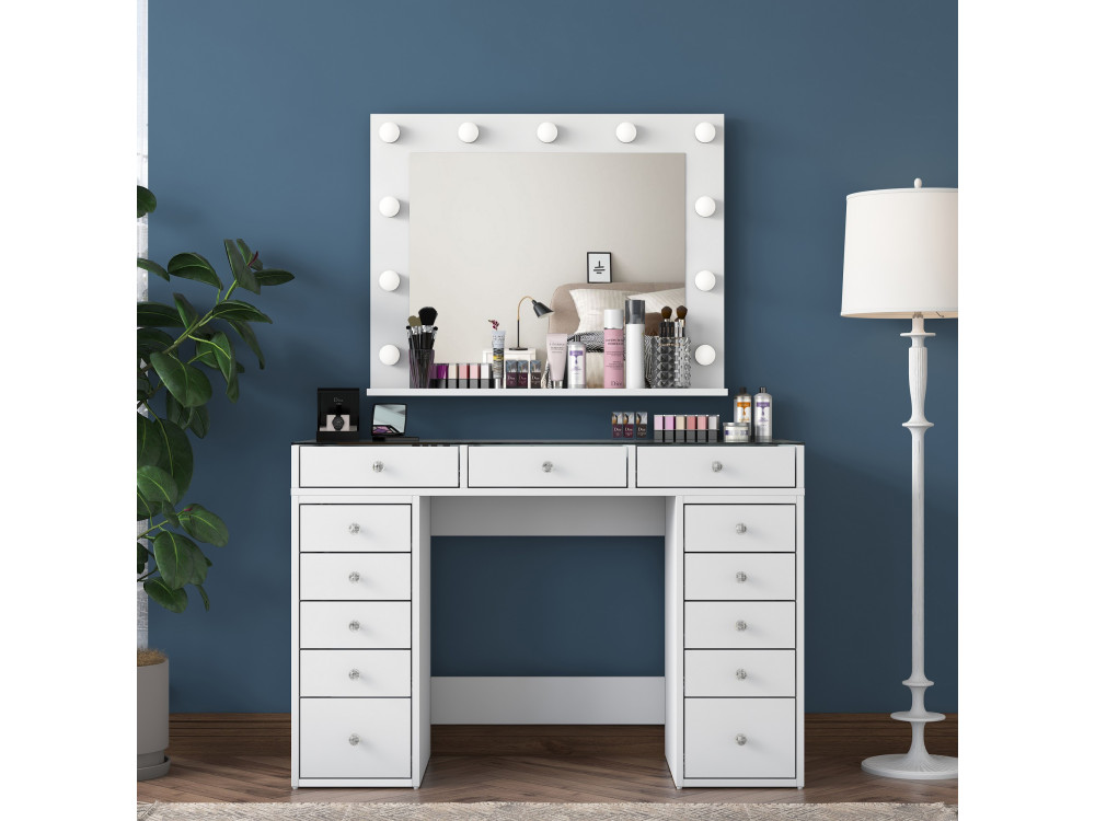 Comodino "Baria" con specchio in legno - 120 x 44 x 80 cm - Bianco