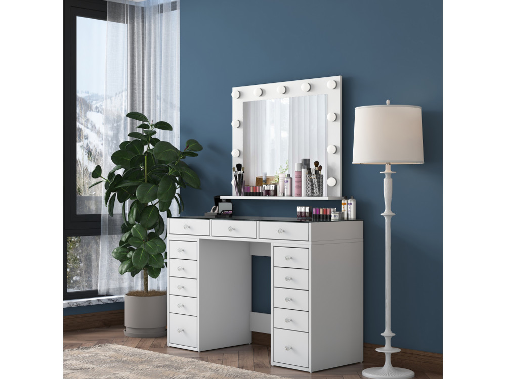 Comodino "Baria" con specchio in legno - 120 x 44 x 80 cm - Bianco