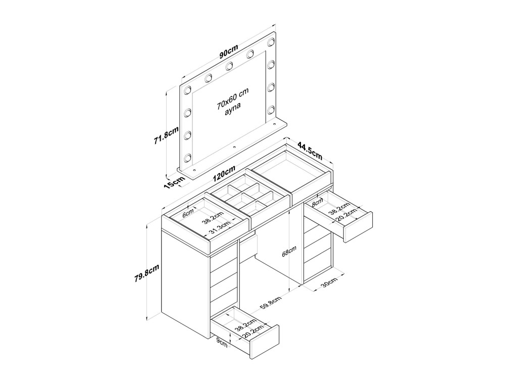 Comodino "Baria" con specchio in legno - 120 x 44 x 80 cm - Bianco