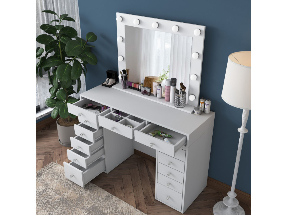 Comodino "Sirma" con specchio in legno - 120 x 44 x 82 cm - Bianco