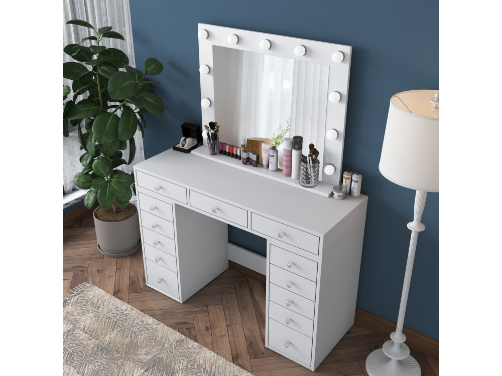Comodino "Sirma" con specchio in legno - 120 x 44 x 82 cm - Bianco