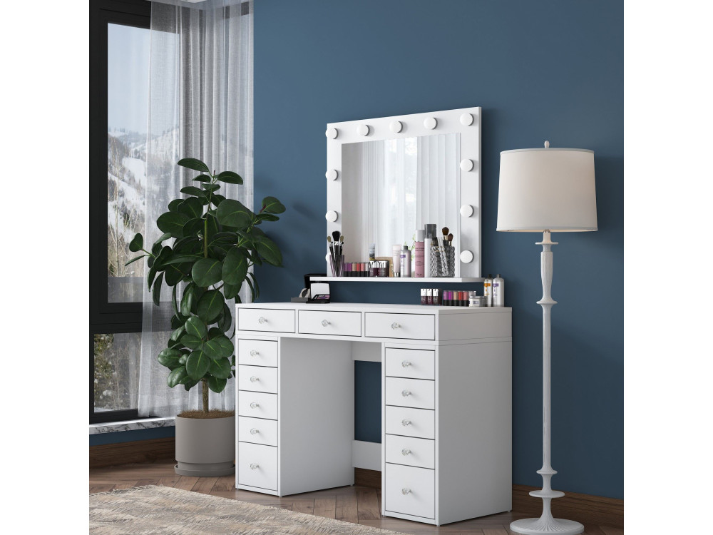 Comodino "Sirma" con specchio in legno - 120 x 44 x 82 cm - Bianco
