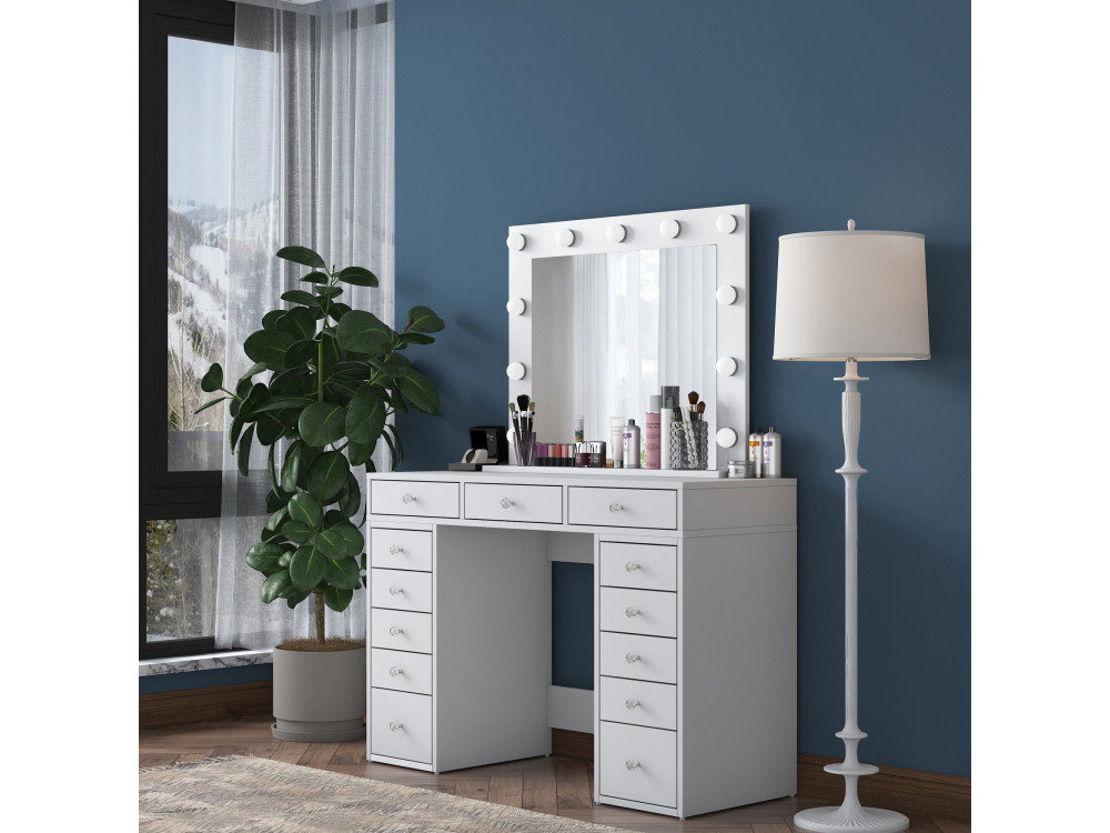 Comodino "Sirma" con specchio in legno - 120 x 44 x 82 cm - Bianco
