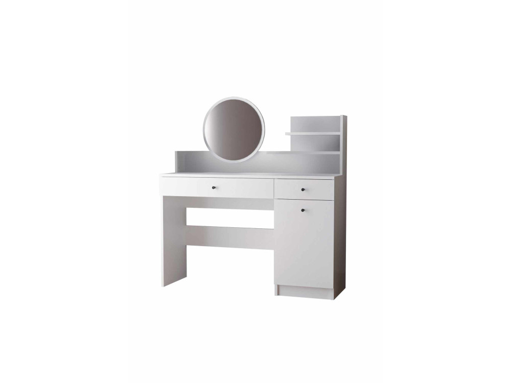 Comodino "Harmony Round" con specchio rotondo in legno - 124 x 40 x 135 cm - Bianco