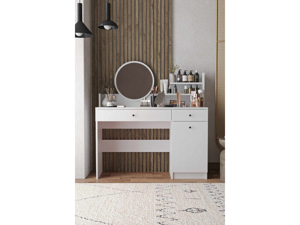 Comodino "Harmony Round" con specchio rotondo in legno - 124 x 40 x 135 cm - Bianco