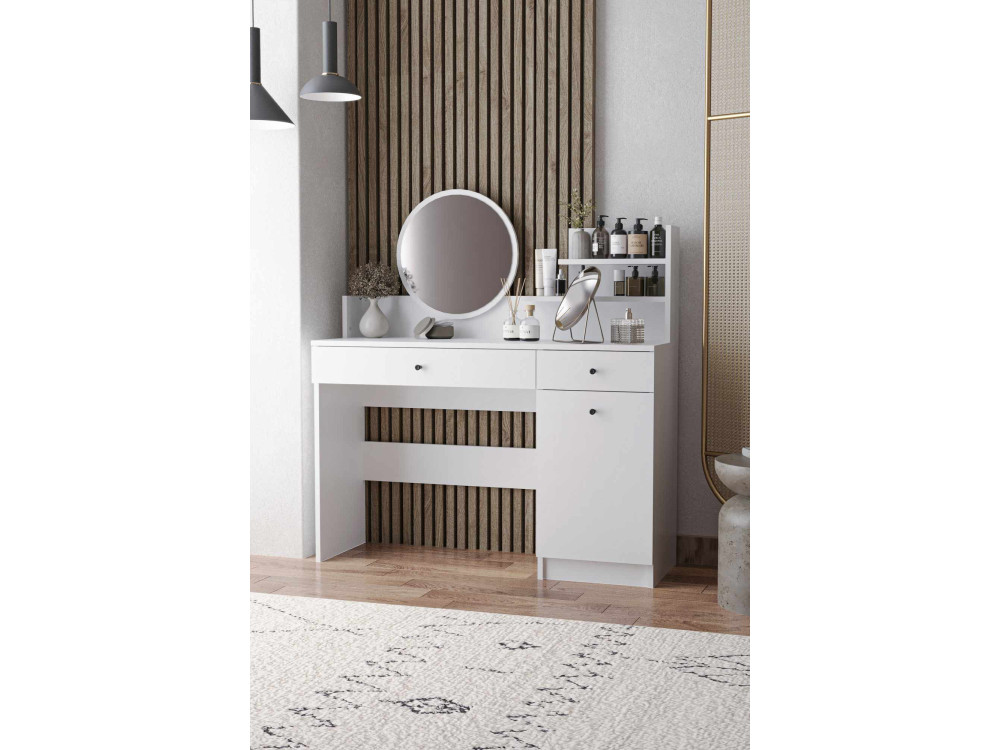 Comodino "Harmony Round" con specchio rotondo in legno - 124 x 40 x 135 cm - Bianco