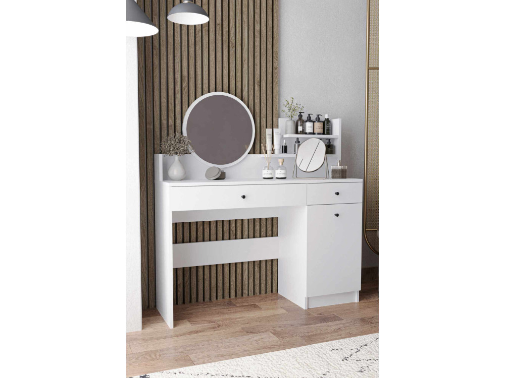 Comodino "Harmony Round" con specchio rotondo in legno - 124 x 40 x 135 cm - Bianco