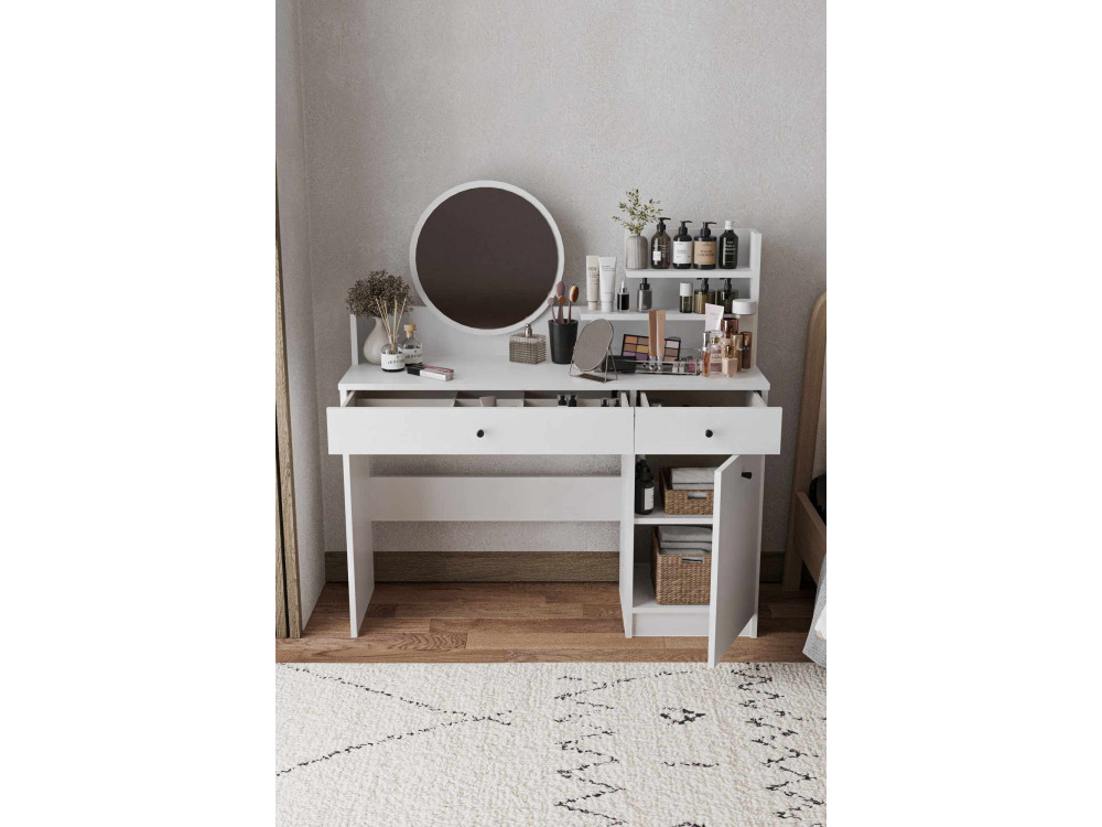 Comodino "Harmony Round" con specchio rotondo in legno - 124 x 40 x 135 cm - Bianco