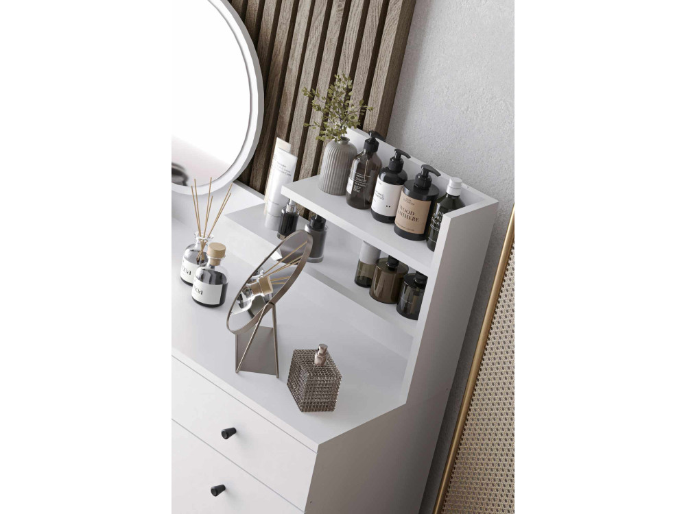 Comodino "Harmony Round" con specchio rotondo in legno - 124 x 40 x 135 cm - Bianco