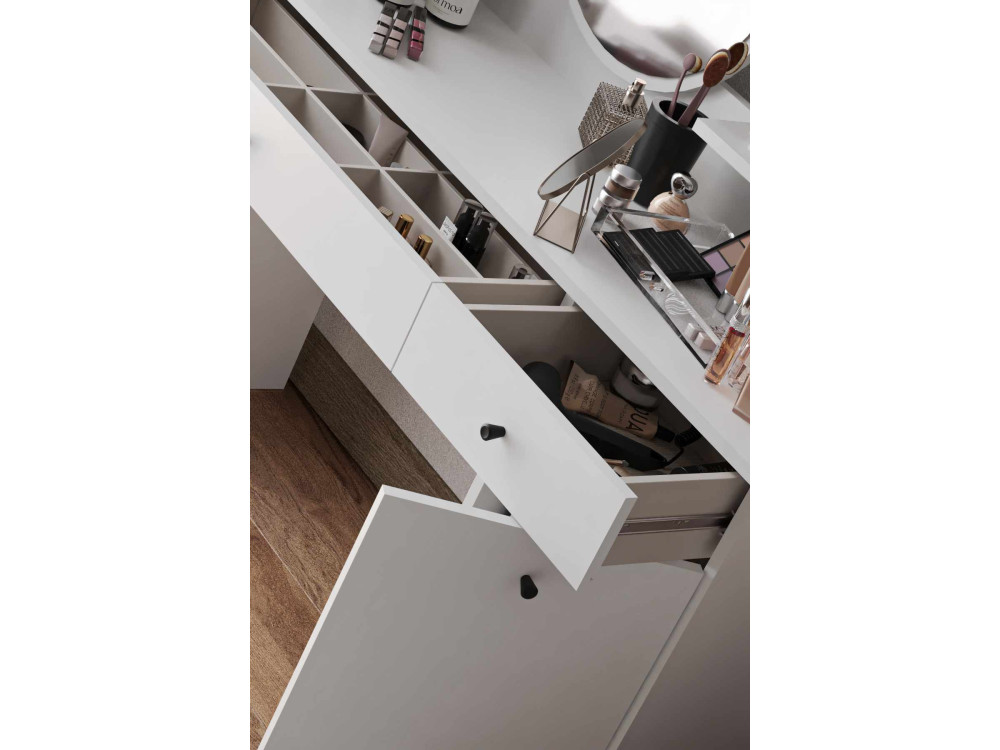 Comodino "Harmony Round" con specchio rotondo in legno - 124 x 40 x 135 cm - Bianco
