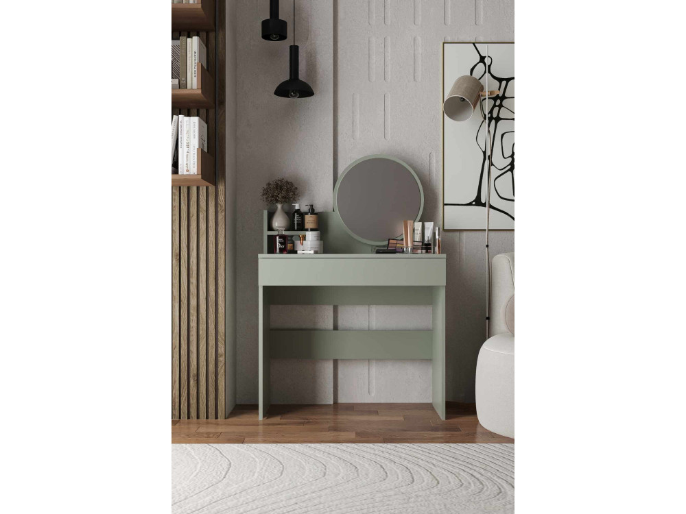 Comodino "Harmony Mini Round" con specchio in legno - 90 x 40 x 133 cm - Verde