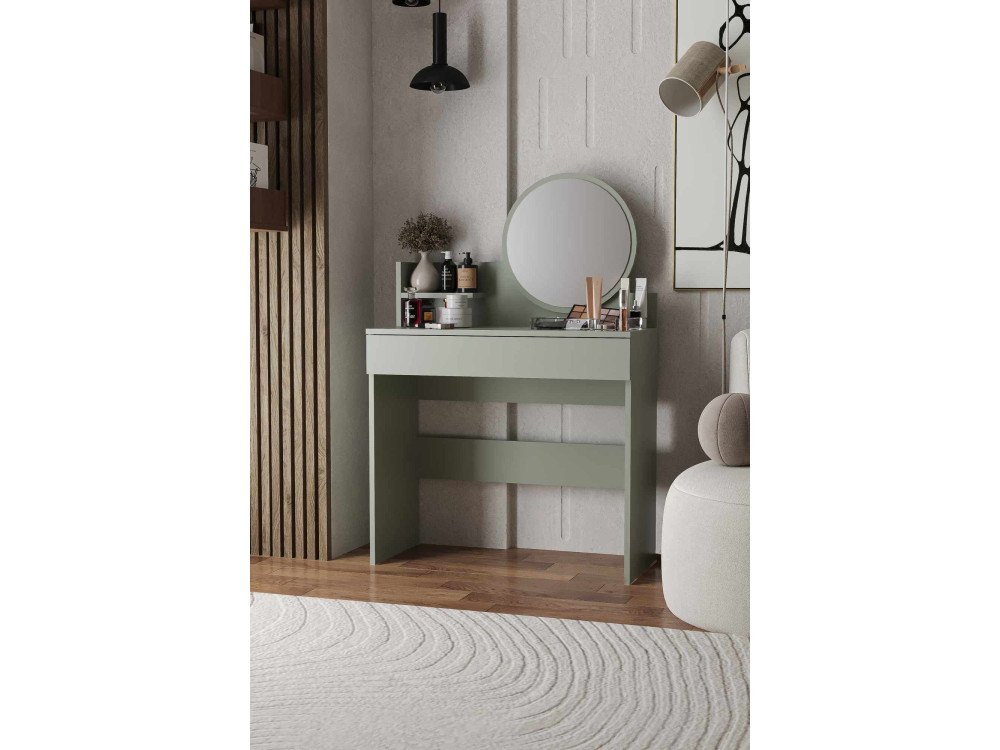 Comodino "Harmony Mini Round" con specchio in legno - 90 x 40 x 133 cm - Verde