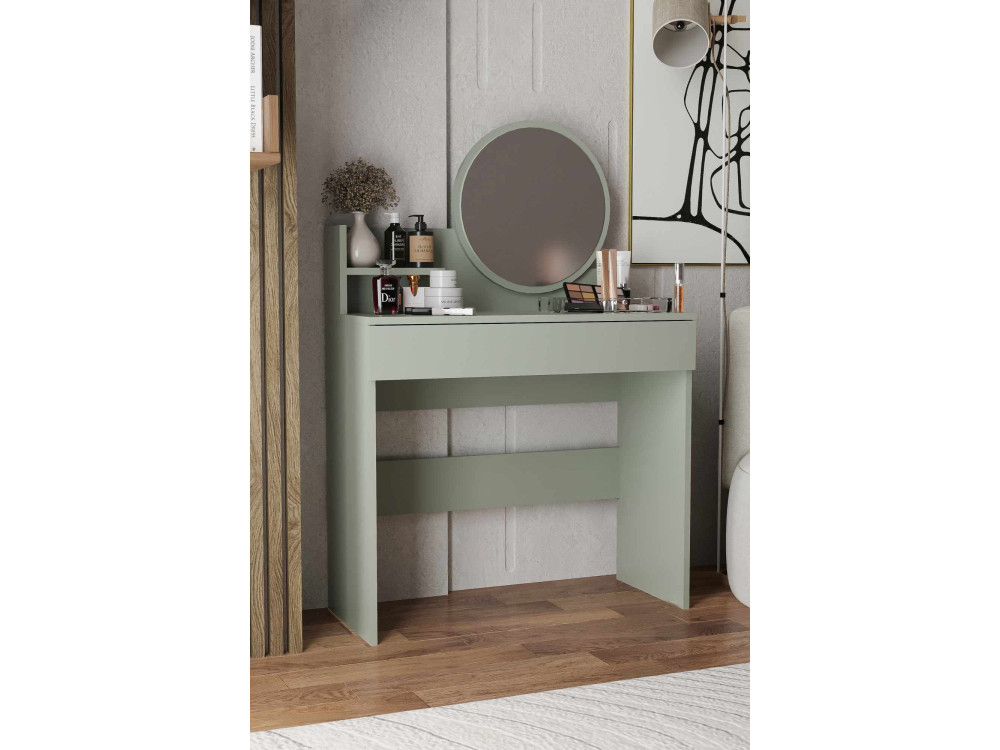 Comodino "Harmony Mini Round" con specchio in legno - 90 x 40 x 133 cm - Verde
