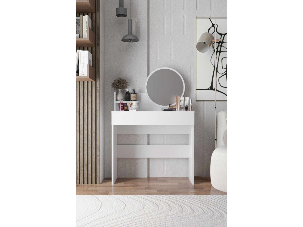 Comodino "Harmony Mini Round" con specchio in legno - 90 x 40 x 133 cm - Bianco