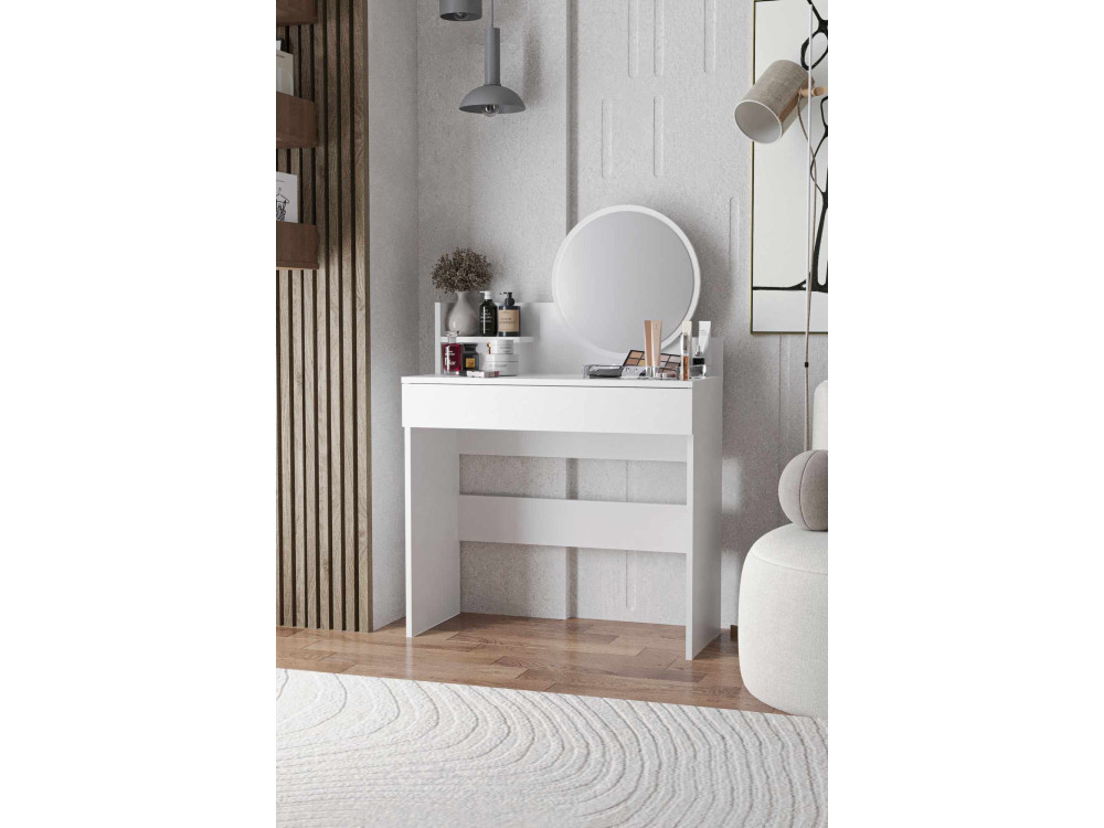 Comodino "Harmony Mini Round" con specchio in legno - 90 x 40 x 133 cm - Bianco