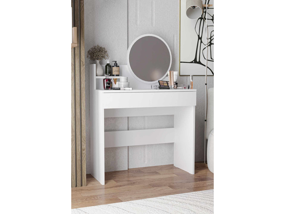 Comodino "Harmony Mini Round" con specchio in legno - 90 x 40 x 133 cm - Bianco