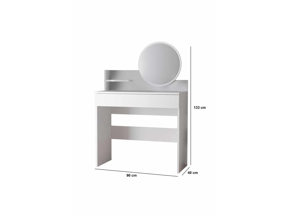 Comodino "Harmony Mini Round" con specchio in legno - 90 x 40 x 133 cm - Bianco