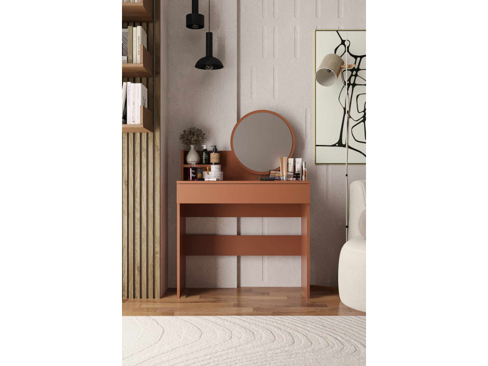 Comodino "Harmony Mini Round" con specchio in legno - 90 x 40 x 133 cm - Terracotta