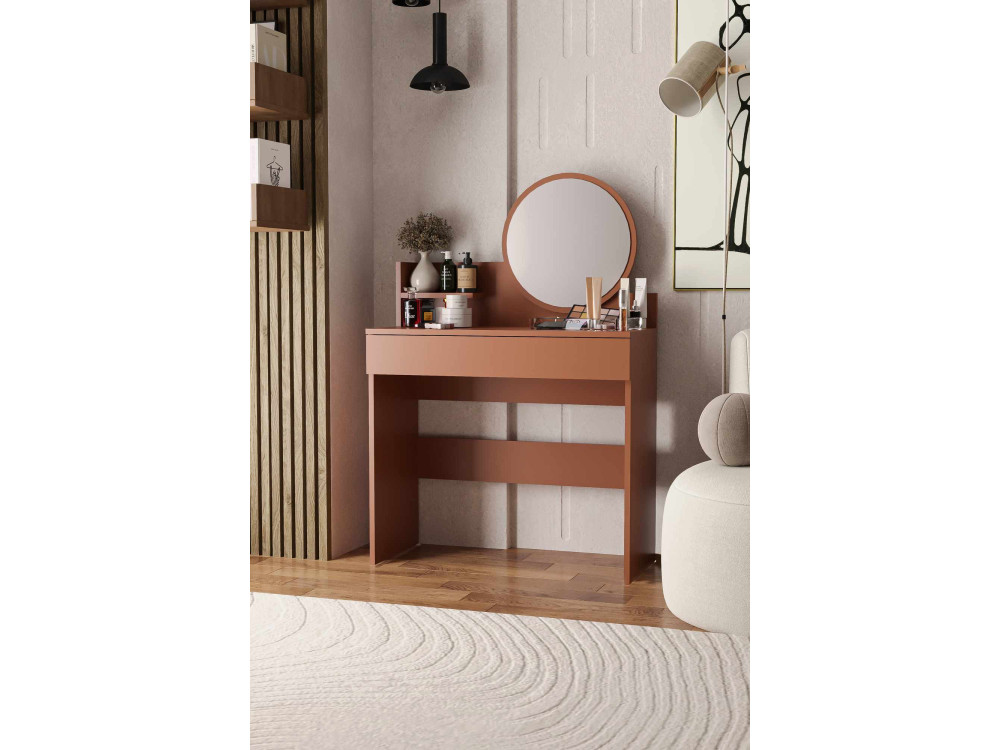Comodino "Harmony Mini Round" con specchio in legno - 90 x 40 x 133 cm - Terracotta