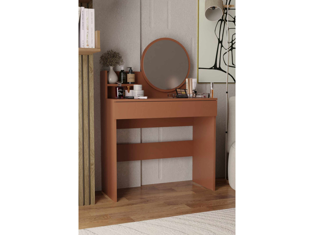 Comodino "Harmony Mini Round" con specchio in legno - 90 x 40 x 133 cm - Terracotta