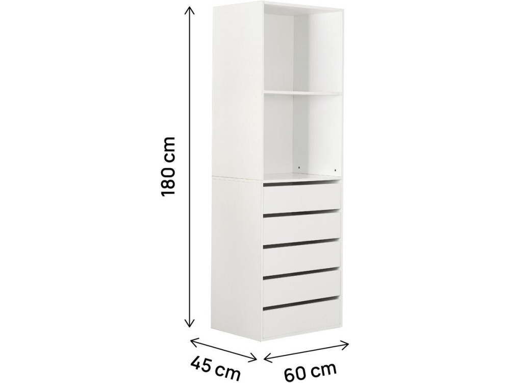 Armadio "Opéra" con 5 cassetti e 2 ripiani - 60 x 45 x 180 cm - Bianco