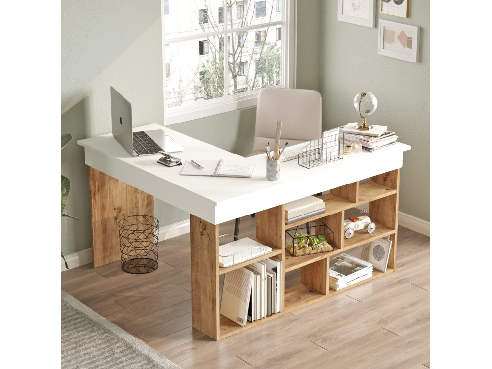 Scrivania in legno "CT5" - 129 x 120 x 72 cm - Pino atlantico bianco