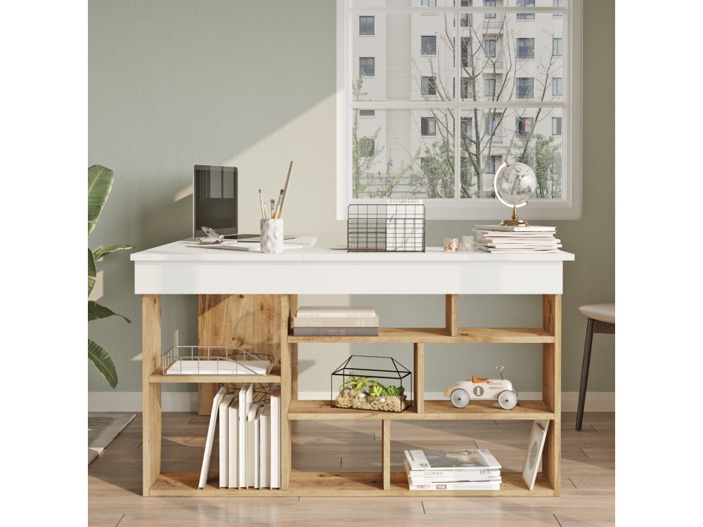 Scrivania in legno "CT5" - 129 x 120 x 72 cm - Pino atlantico bianco