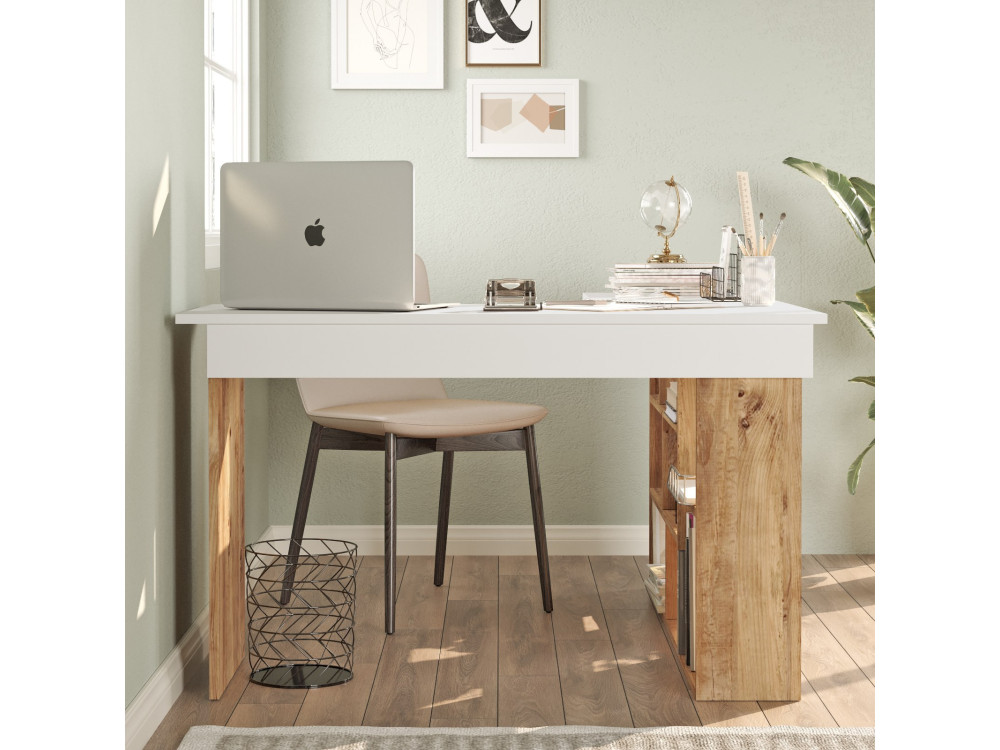 Scrivania in legno "CT5" - 129 x 120 x 72 cm - Pino atlantico bianco