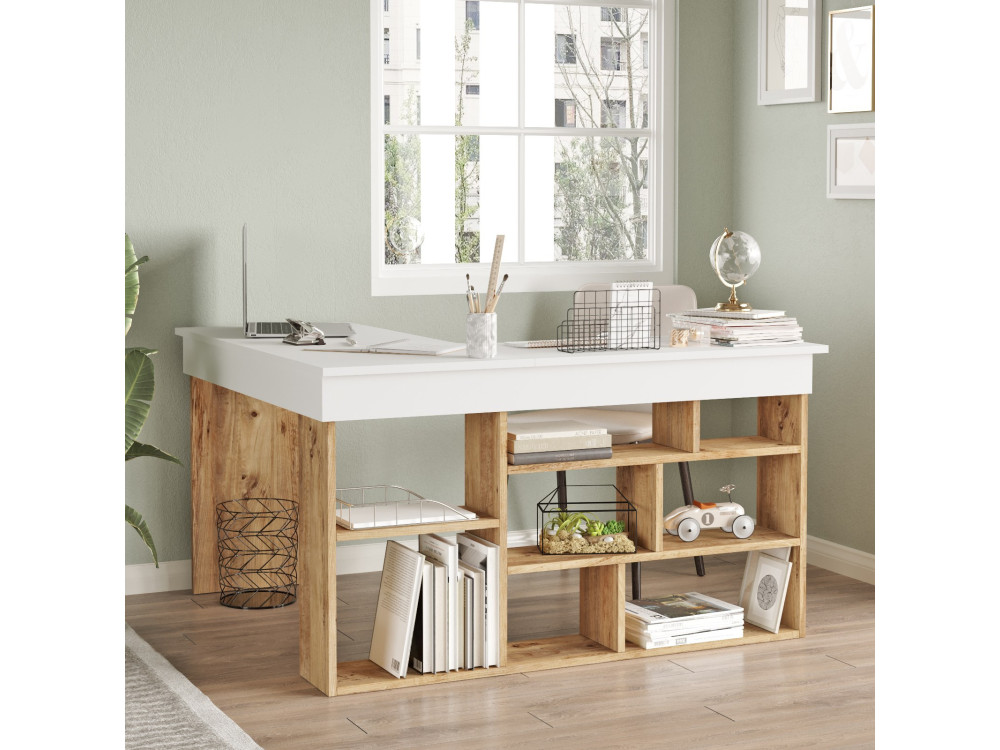 Scrivania in legno "CT5" - 129 x 120 x 72 cm - Pino atlantico bianco