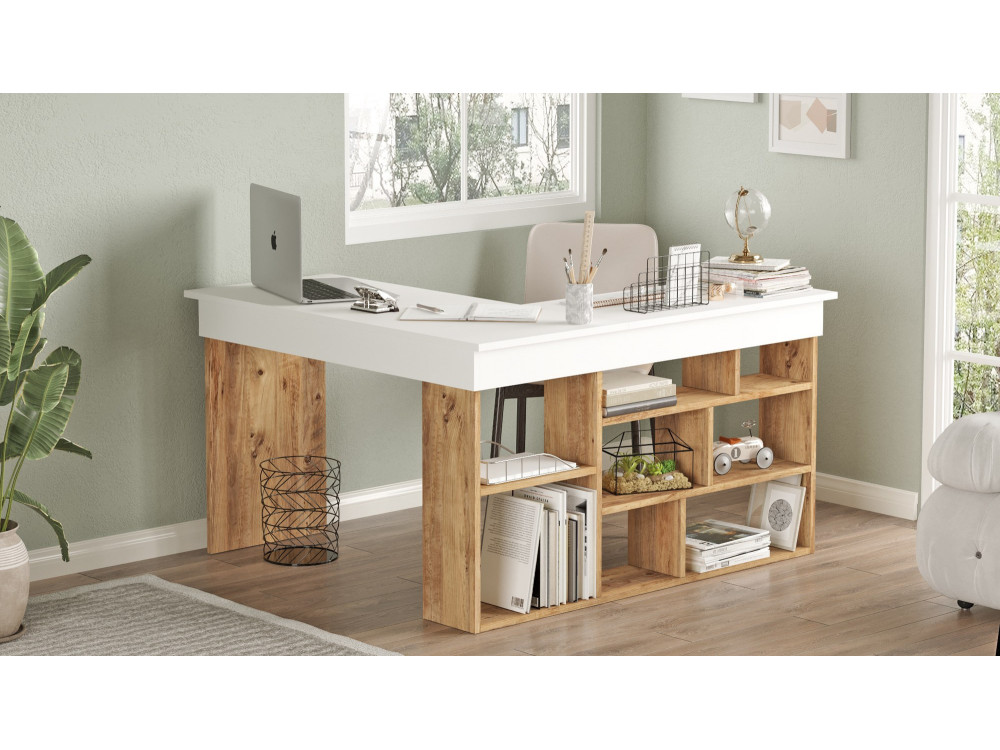 Scrivania in legno "CT5" - 129 x 120 x 72 cm - Pino atlantico bianco