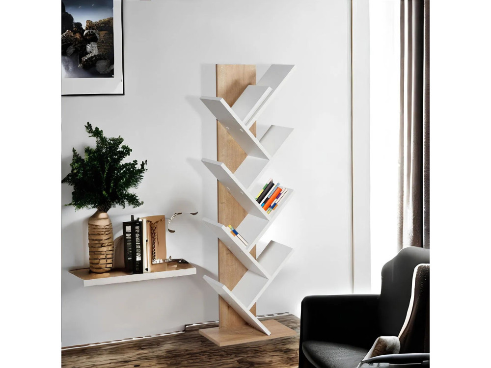 Libreria in legno "Tuval 066" - 46 x 22 x 129 cm - Rovere, Bianco